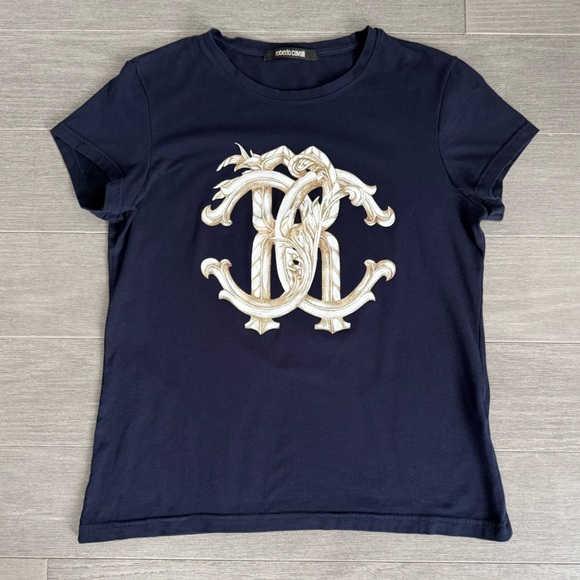 Roberto Cavalli Navy RC Monogram Logo Stretch T Shirt M Italy Baroque Graphic - Picture 13 of 14